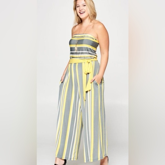New!Plus Size Yellow Striped Wide Leg Jumpsuit Belt Side Pockets Sizes 1X 2X 3X - Picture 2 of 6